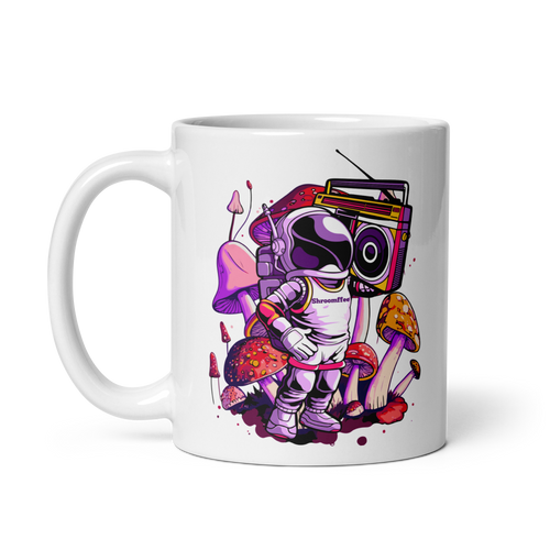 Mug with a colorful design of an astronaut holding a boombox among mushrooms on a white background
