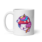 White mug with a colorful cartoon character design on a white background