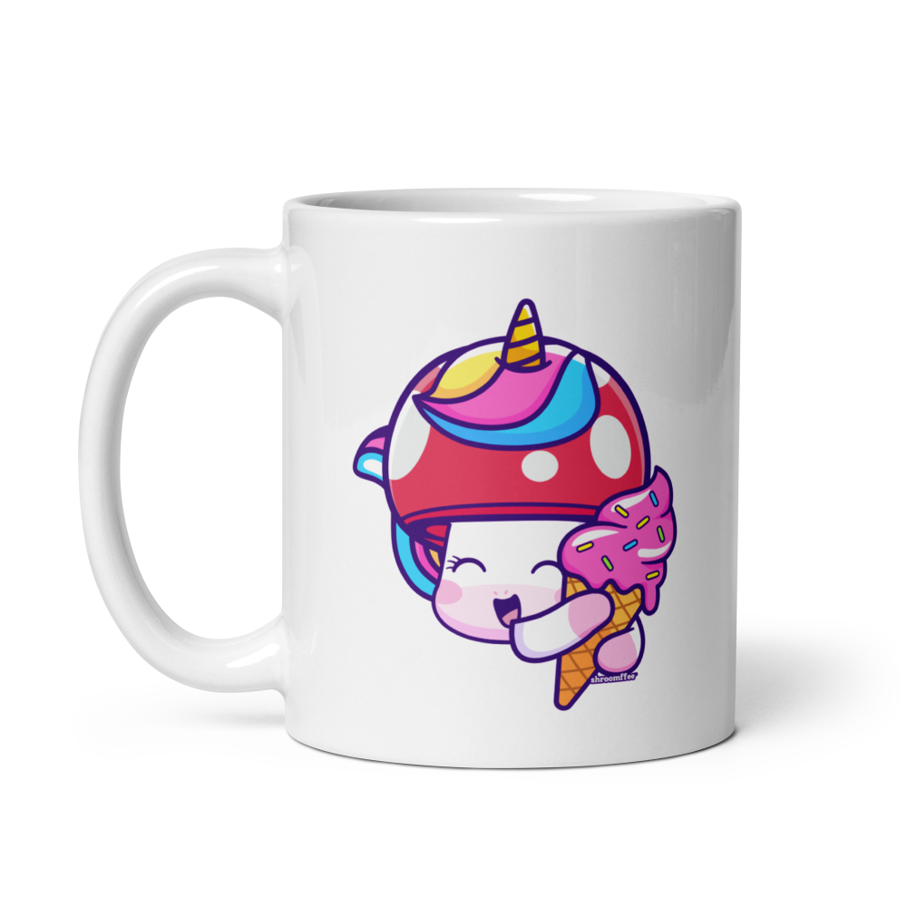 White mug with a colorful cartoon character design on a white background