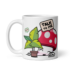Mug with cartoon mushroom and plant design on a white background