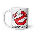 Mug with a cartoon ghost holding mushrooms and the word 'SHROOMIFFEE' on a white background