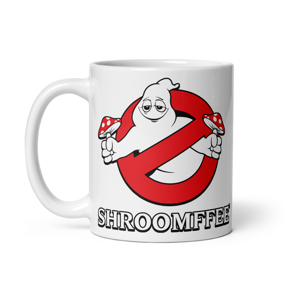 Mug with a cartoon ghost holding mushrooms and the word 'SHROOMIFFEE' on a white background