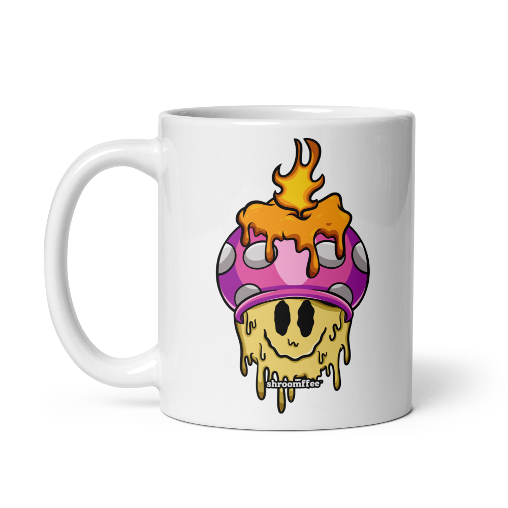 White mug with a cartoon mushroom design featuring flames and the text 'shroomffee' on a white background.