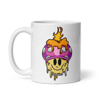 White mug with a cartoon mushroom design featuring flames and the text 'shroomffee' on a white background.