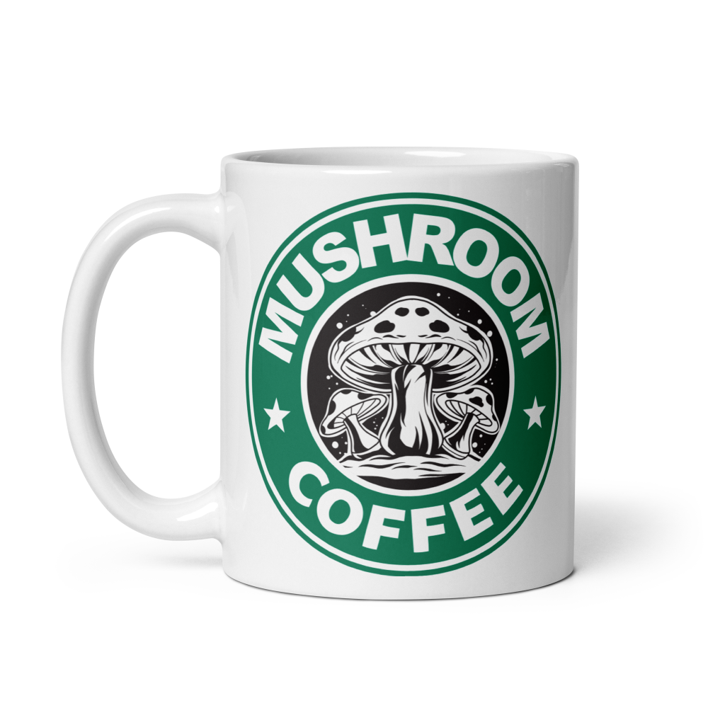 Mug with 'Mushroom Coffee' design on a white background