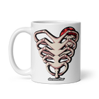 White mug with a graphic design of a snake on ribcage and 'shroomffee' branding on a white background