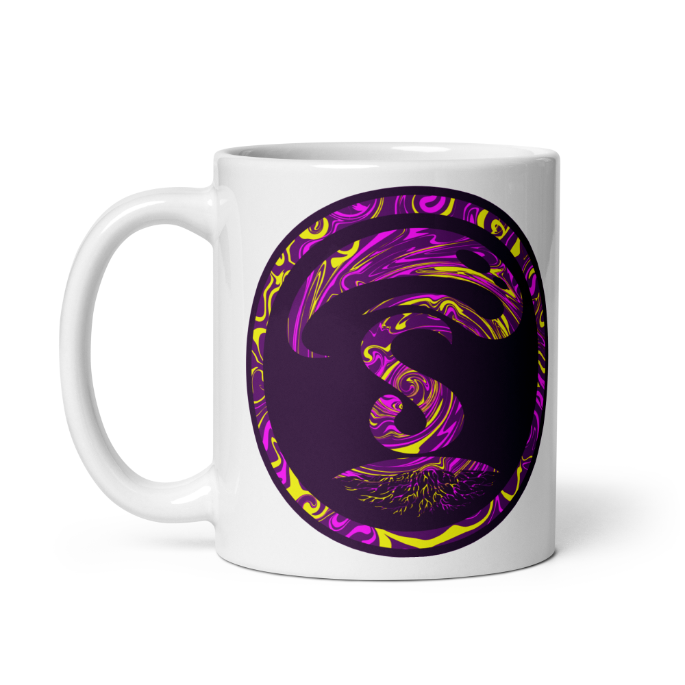 White mug with a purple and yellow letter 'S' design on a white background