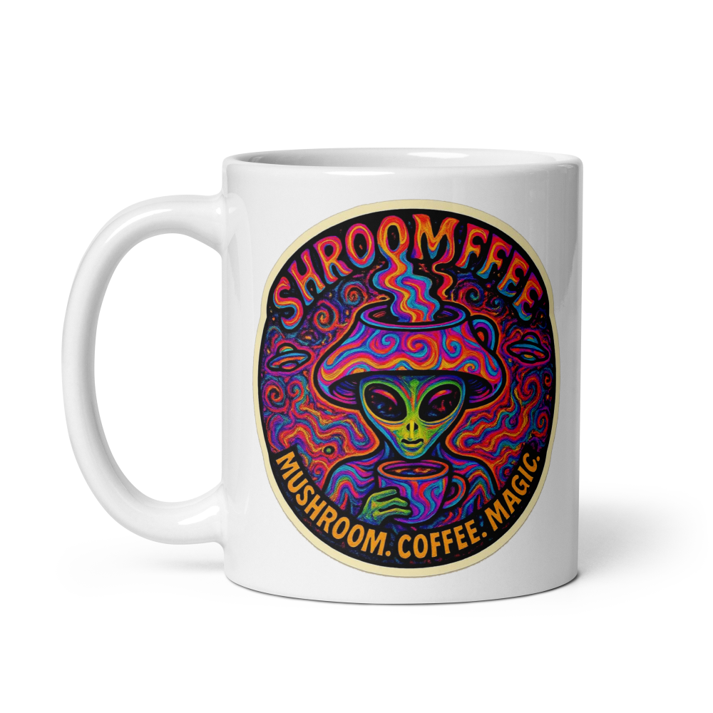 White mug with a colorful alien design and text on a white background