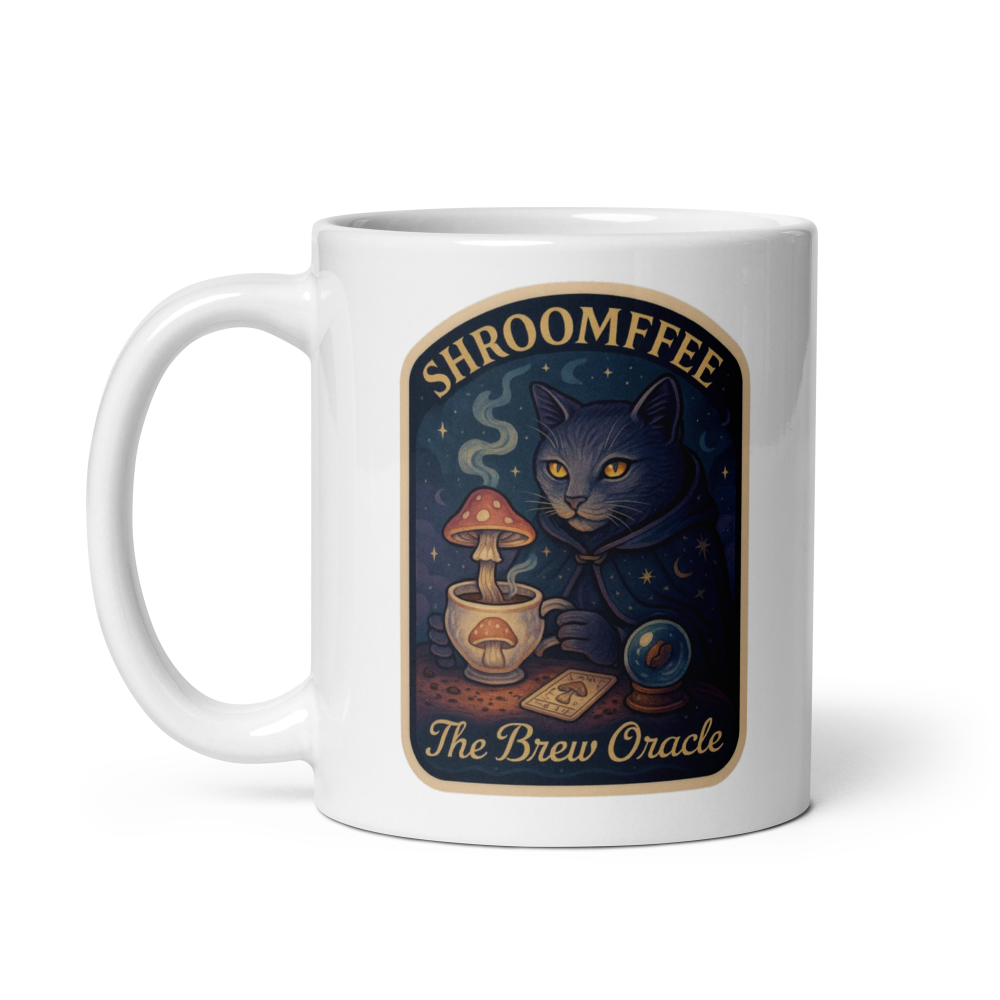 White mug with a cat and mushroom design labeled 'Shroomffee The Brew Oracle' on a white background