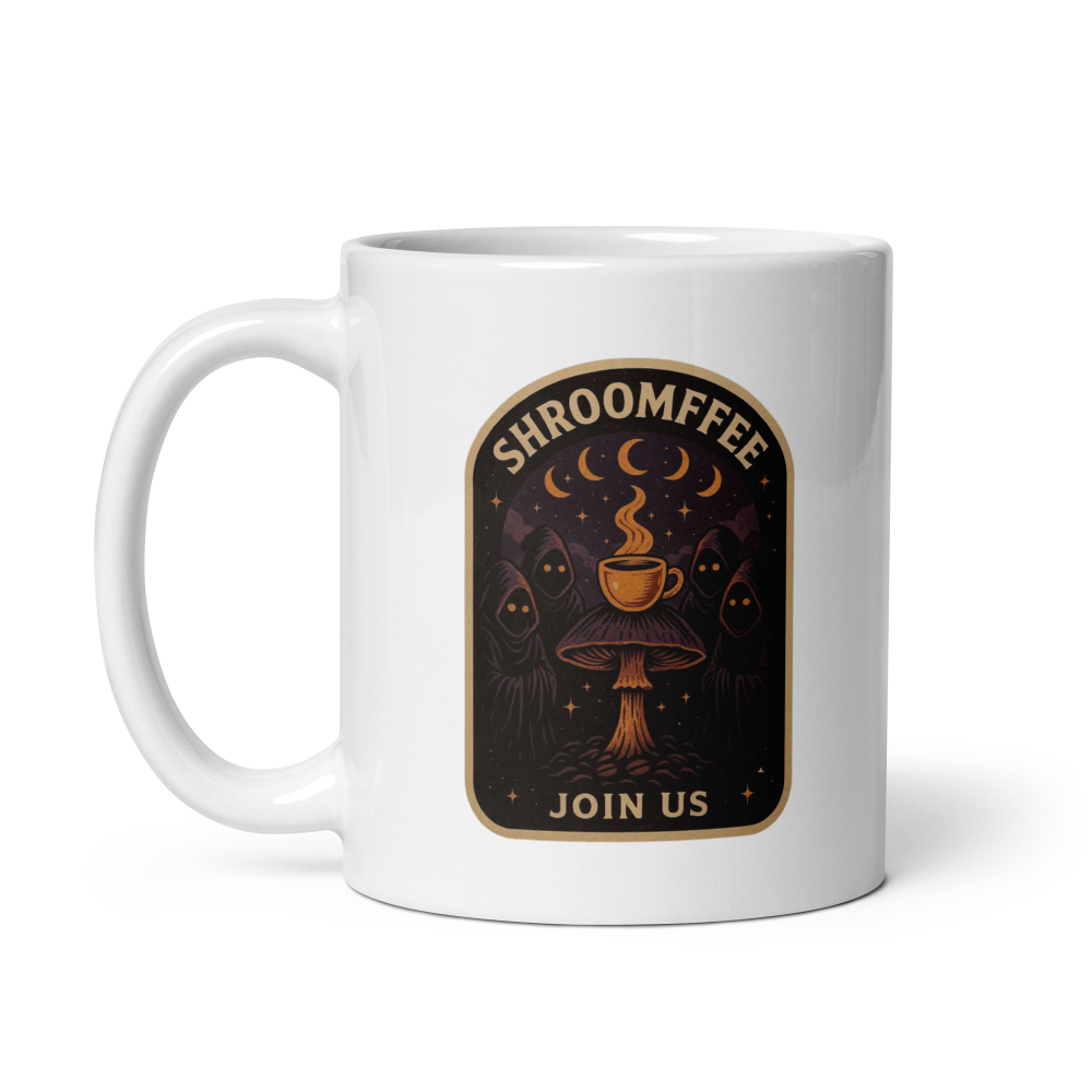 White mug with 'SHROOMFFEE' design featuring a mushroom and coffee cup on a white background
