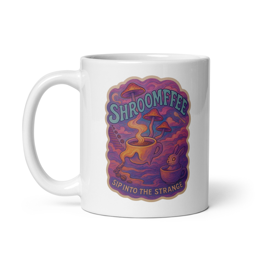 A white ceramic mug with a colorful abstract design featuring pink, orange, and violet tones, and the text 'SHROOMEEF'.