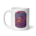 A white ceramic mug with a colorful abstract design featuring pink, orange, and violet tones, and the text 'SHROOMEEF'.