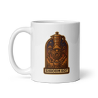 White mug with 'Shroom Bot' design on a white background