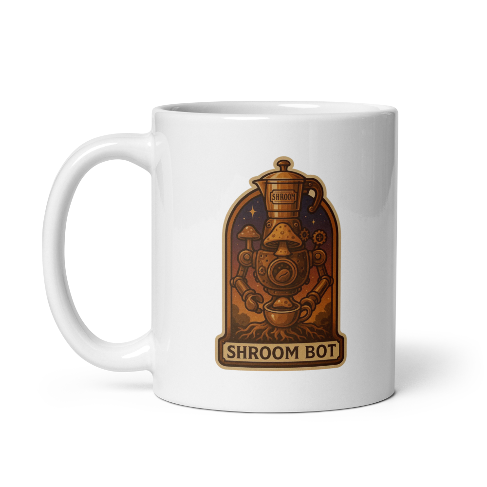 White mug with 'Shroom Bot' design on a white background
