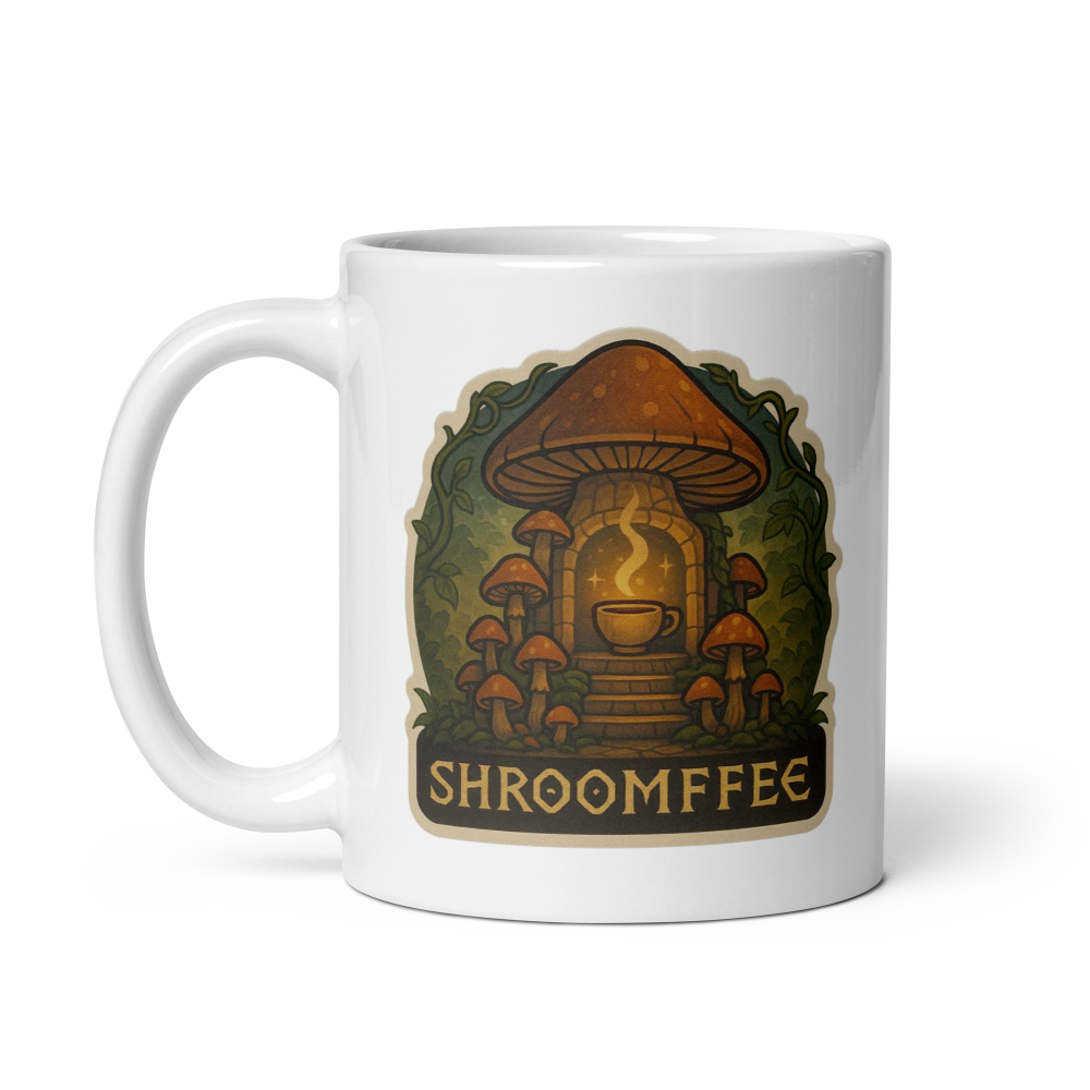 White mug with mushroom design and 'SHROOMFEE' text on a white background