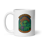 White mug with alien and mushroom design, featuring the text 'Shroomffee'.