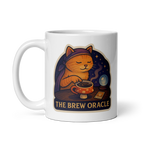 Mug with a cat-themed design titled 'The Brew Oracle' on a white background