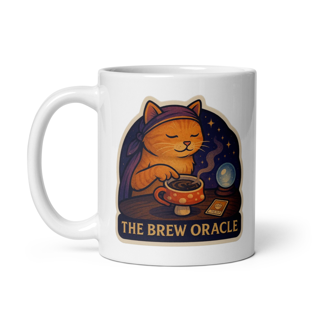 Mug with a cat-themed design titled 'The Brew Oracle' on a white background