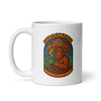 White mug with a colorful graphic of a mushroom and a bear holding a cup, labeled 'Shroomffee'.