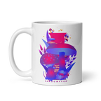 White mug with colorful mushroom design and 'SHROOMFEE' text on a white background