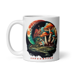 Mug with mushroom-themed design and 'SHROOMFEE' branding on a white background
