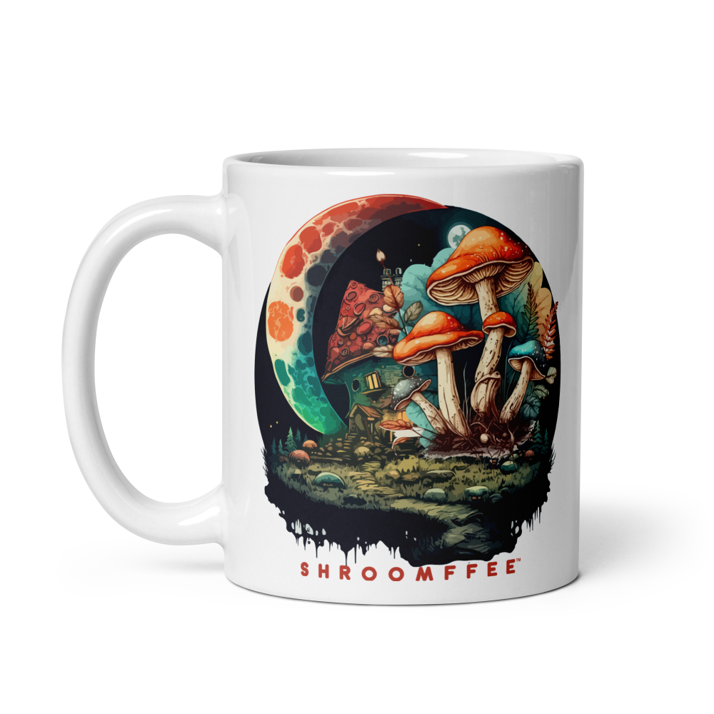 Mug with mushroom-themed design and 'SHROOMFEE' branding on a white background