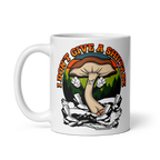 Mug with mushroom graphic and text 'I Don't Give a Shroomake' on a white background