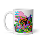 Mug with colorful mushroom design on a white background