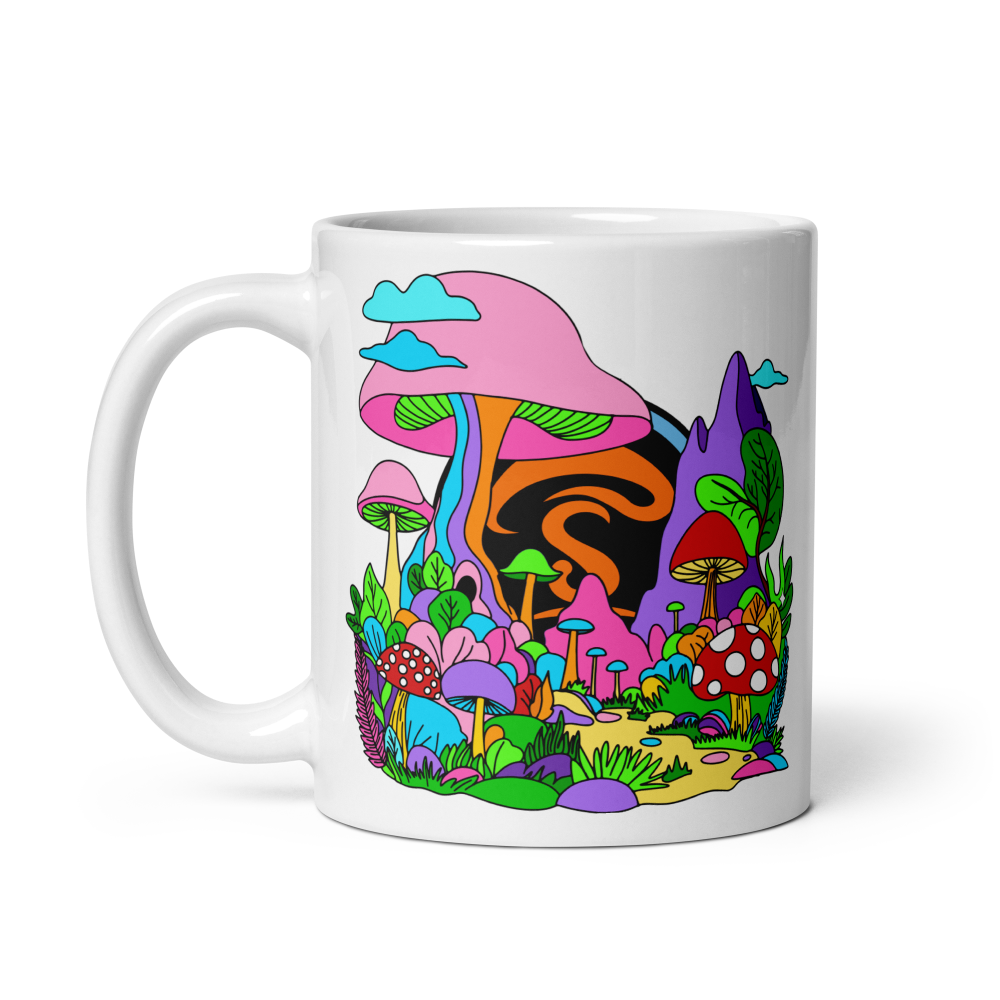 Mug with colorful mushroom design on a white background