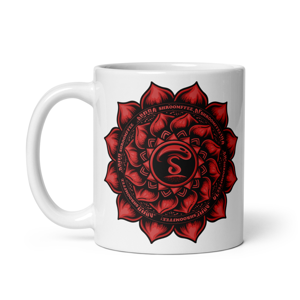 White mug with a red mandala design on a white background
