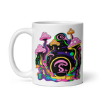 White mug with colorful mushroom design and letter 'S' on a white background