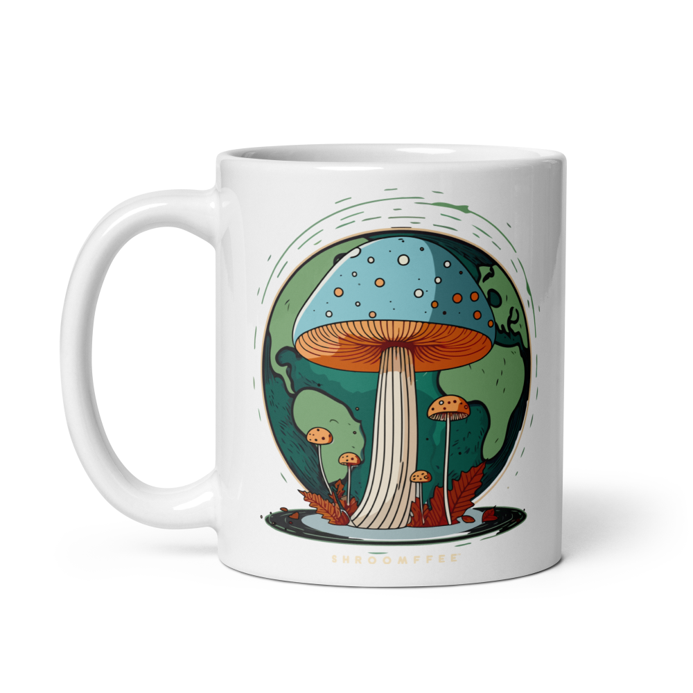 White mug with a colorful mushroom design on a white background