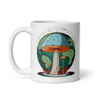 White mug with a colorful mushroom design on a white background