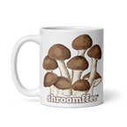 White mug with brown mushroom design and 'shroomffee' text on a white background