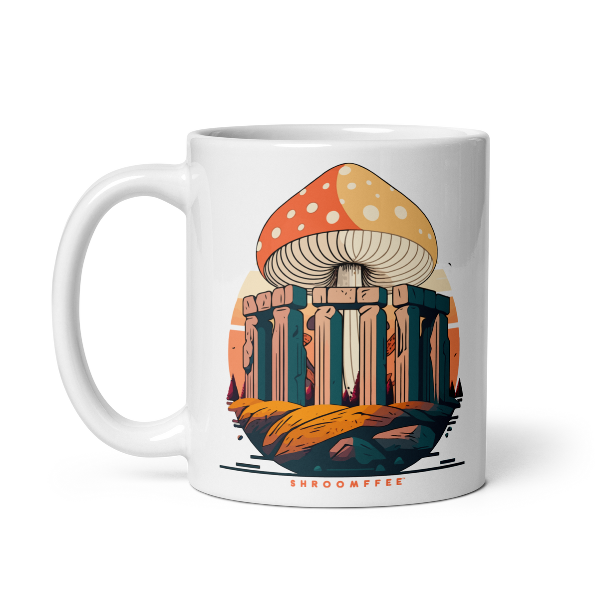 A white ceramic mug with a fantasy illustration of mushrooms growing atop a stone structure reminiscent of ancient architecture.