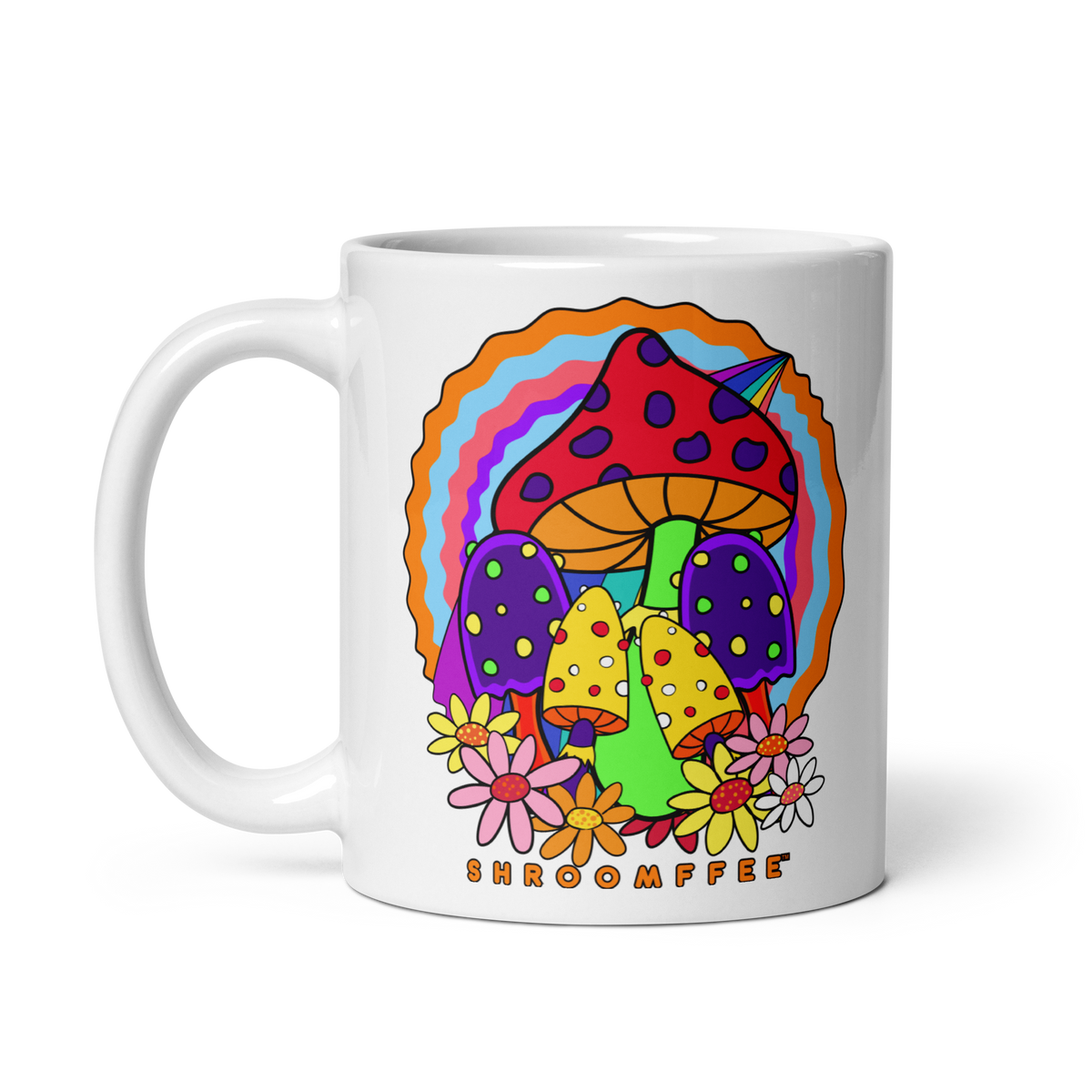 A white ceramic mug with a colorful design featuring smiling mushrooms and flowers in vibrant rainbow colors.