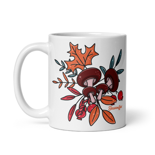 White mug with mushroom and leaf design on a white background
