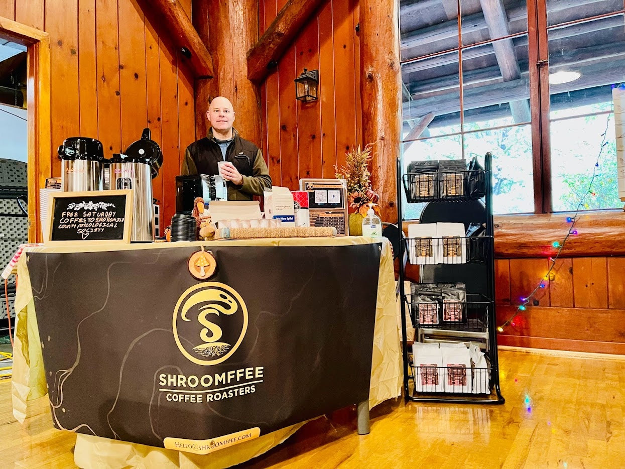 Our original Shroomffee booth at the 2022 Snohomish County Mycological Society Mushroom Show
