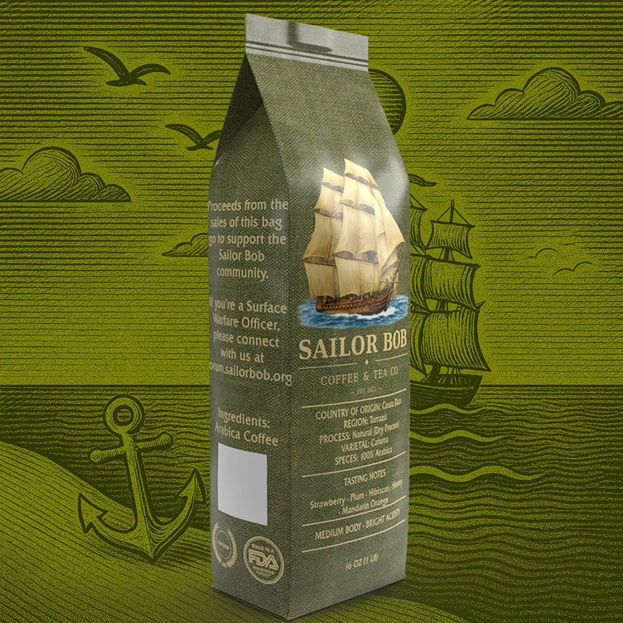 Sailor Bob coffee packaging with a sailing ship and nautical artwork